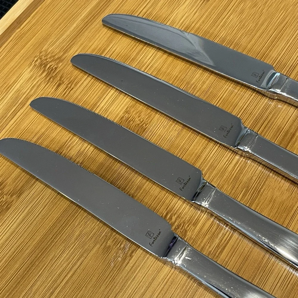Lot Of 4 Fortessa SCALINI Table Knives Stainless Flatware Stamped Front Logo